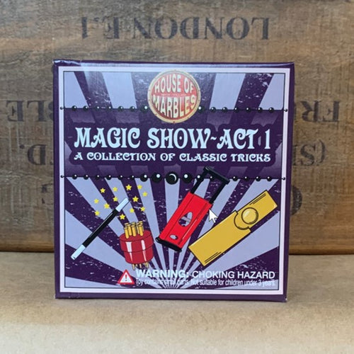 A collection of classic conjurations including the Spiked Coin, Finger Chopper, The Disappearing coin and Mini Magic Wand.  A fun gift for a child.