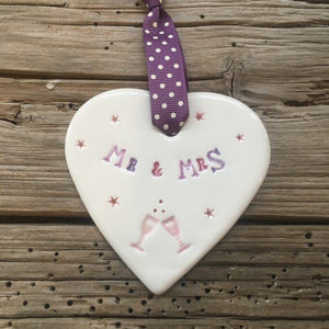 Mr & Mrs handmade ceramic hanging heart