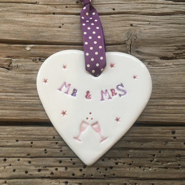 Mr & Mrs handmade ceramic hanging heart