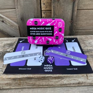 A fun quiz game where the roll of the dice dictates the questions.  In this tiny tin there are over 600 questions on the best music and performers across all the genres.  From rock to pop, jazz to blues, even opera to disco!