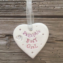 Load image into Gallery viewer, Precious baby girl handmade ceramic hanging heart
