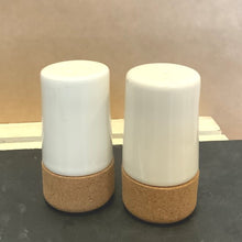Load image into Gallery viewer, Contemporary salt and pepper shakers make a chic addition to any home!  Made from cork &amp; pottery
