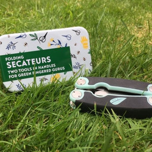 Folding secateurs in a tin