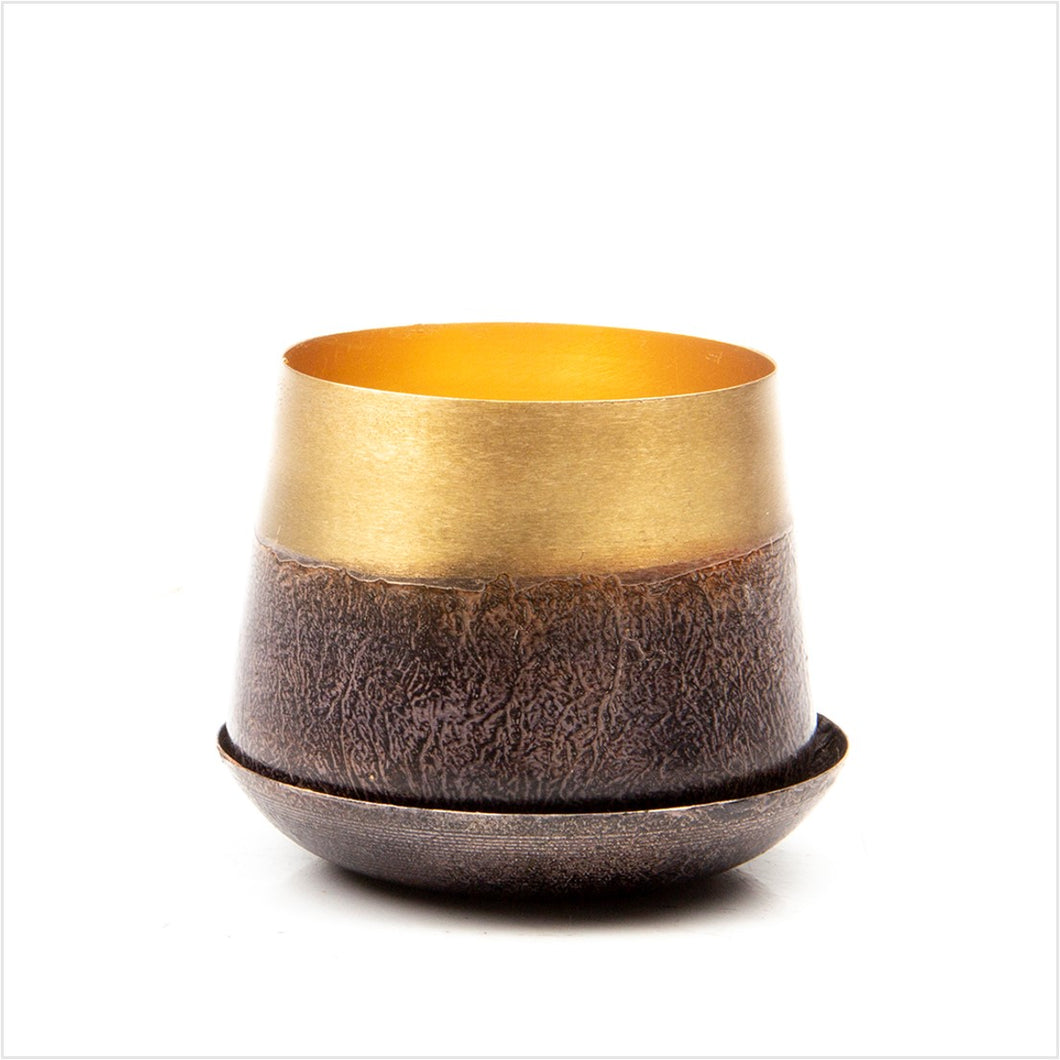 Small Joe pot & saucer - brown & gold