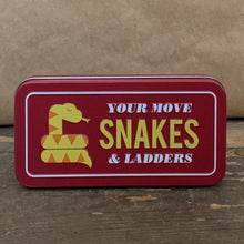 Load image into Gallery viewer, Going on a long journey with the kids?  This travel Snakes and Ladders game will keep boredom away.  The set includes: 4 magnetic playing pieces, dice

