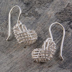 Woven heart silver drop earrings