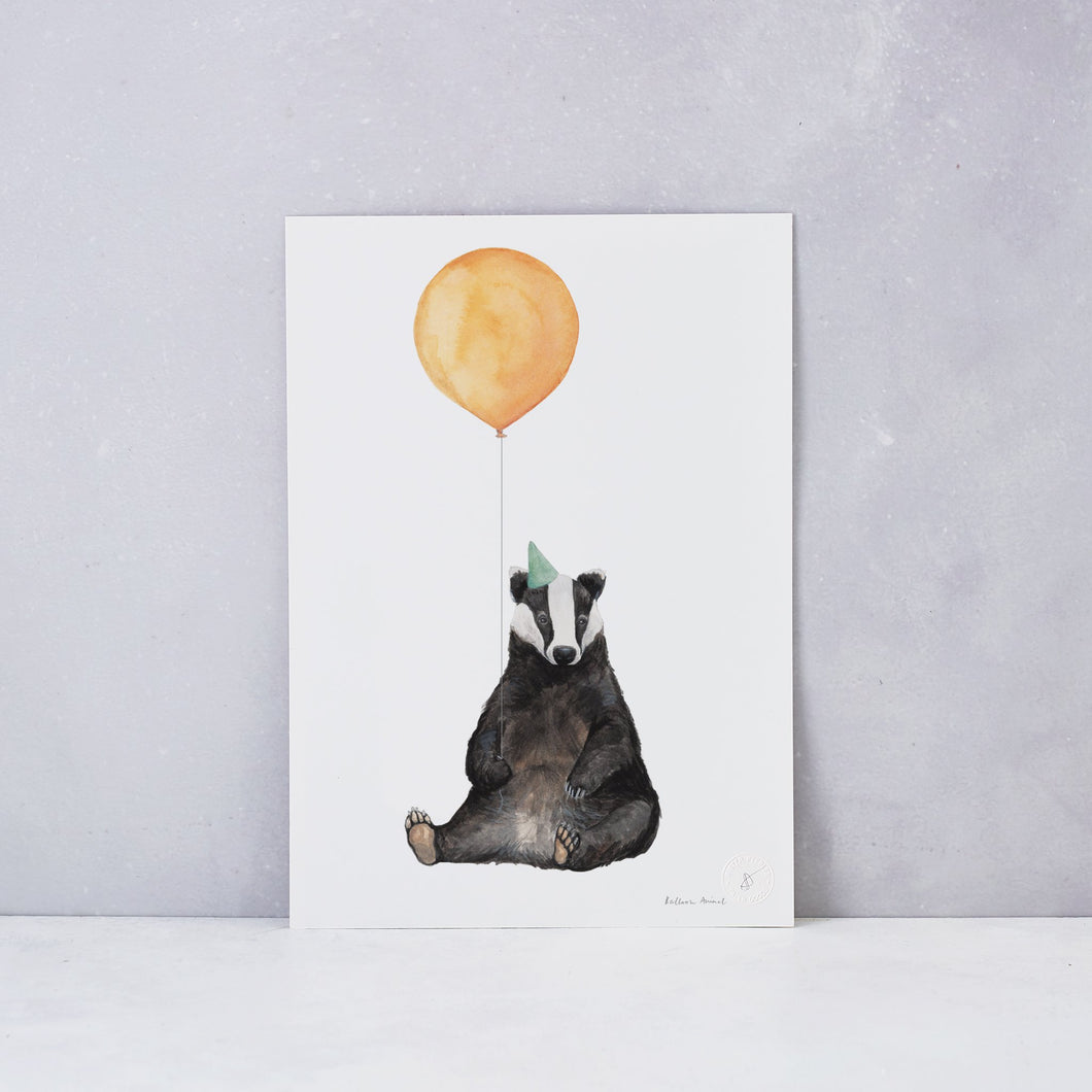 This badger is ready to bring his balloon to the party!  A fun print to have in a child's bedroom.