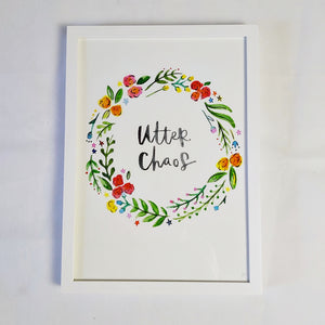 Utter chaos coloured wreath A3 print in white frame
