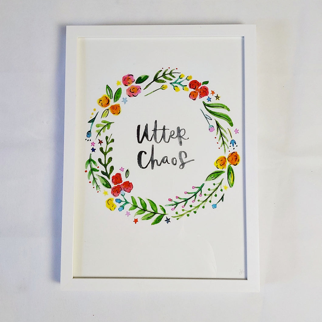 Utter chaos coloured wreath A3 print in white frame