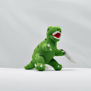 Knitted cotton mini T-rex rattle - green