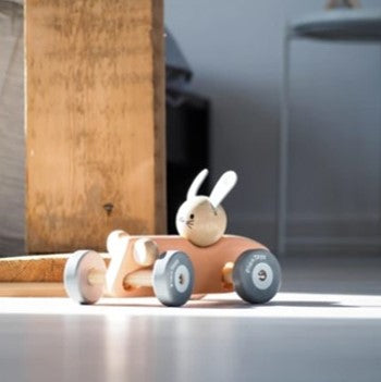 Wooden bunny racing car - pastel
