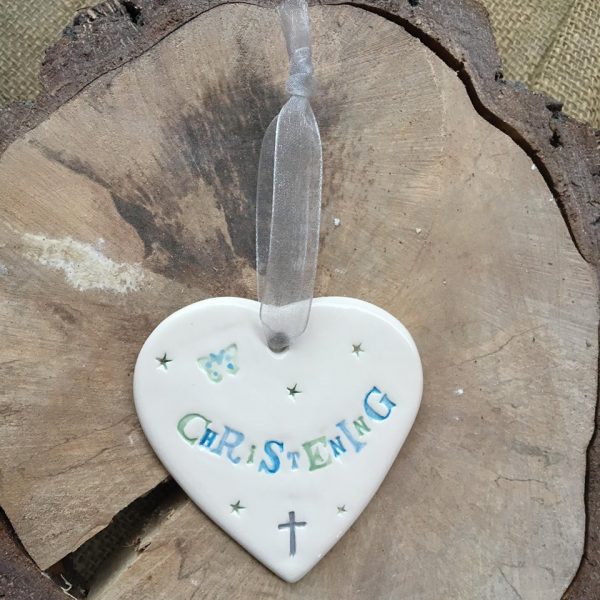 Christening (boy) handmade ceramic hanging heart