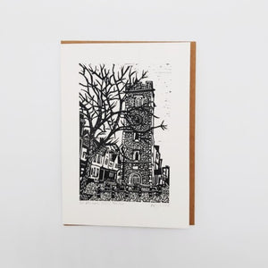Clock Tower linocut card