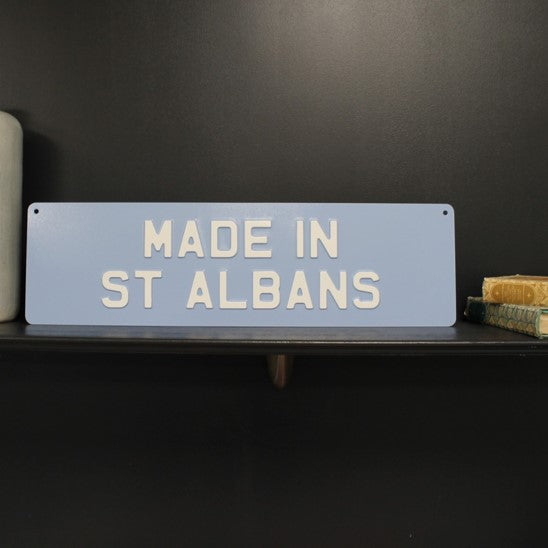 Made in St Albans (21 x 6) sign - forge blue white text