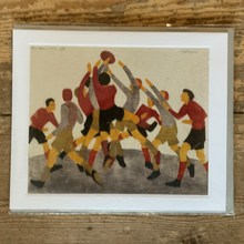 Load image into Gallery viewer, This linocut card titled &#39;Football, 1936&#39; by artist Ethel Spowers is great to give to that football fan in your life.

