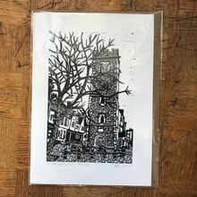 Load image into Gallery viewer, Clock Tower linocut card
