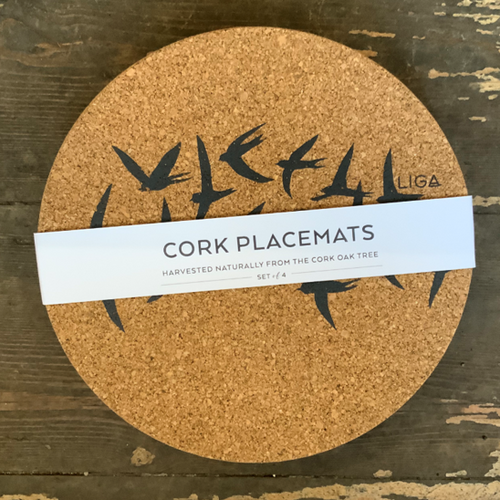 In a pretty grey swallow design, delicate and beautiful for any table.  Cork is sustainable, renewable and recyclable - practical too, water impermeable and easily wipe clean and insulating.